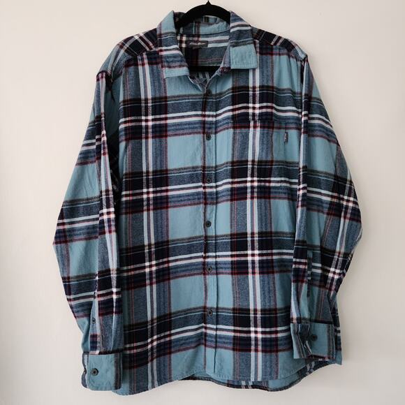 Eddie Bauer blue plaid long‎ sleeve button front flannel shirt mens size XXL - Picture 1 of 7